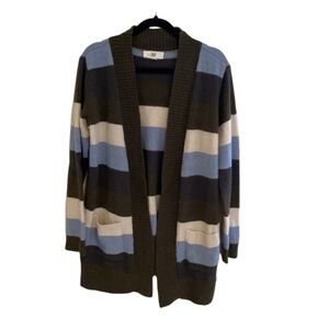 Pinque long cardigan. Size L. Brown/gray/blue/white striped. Pockets.